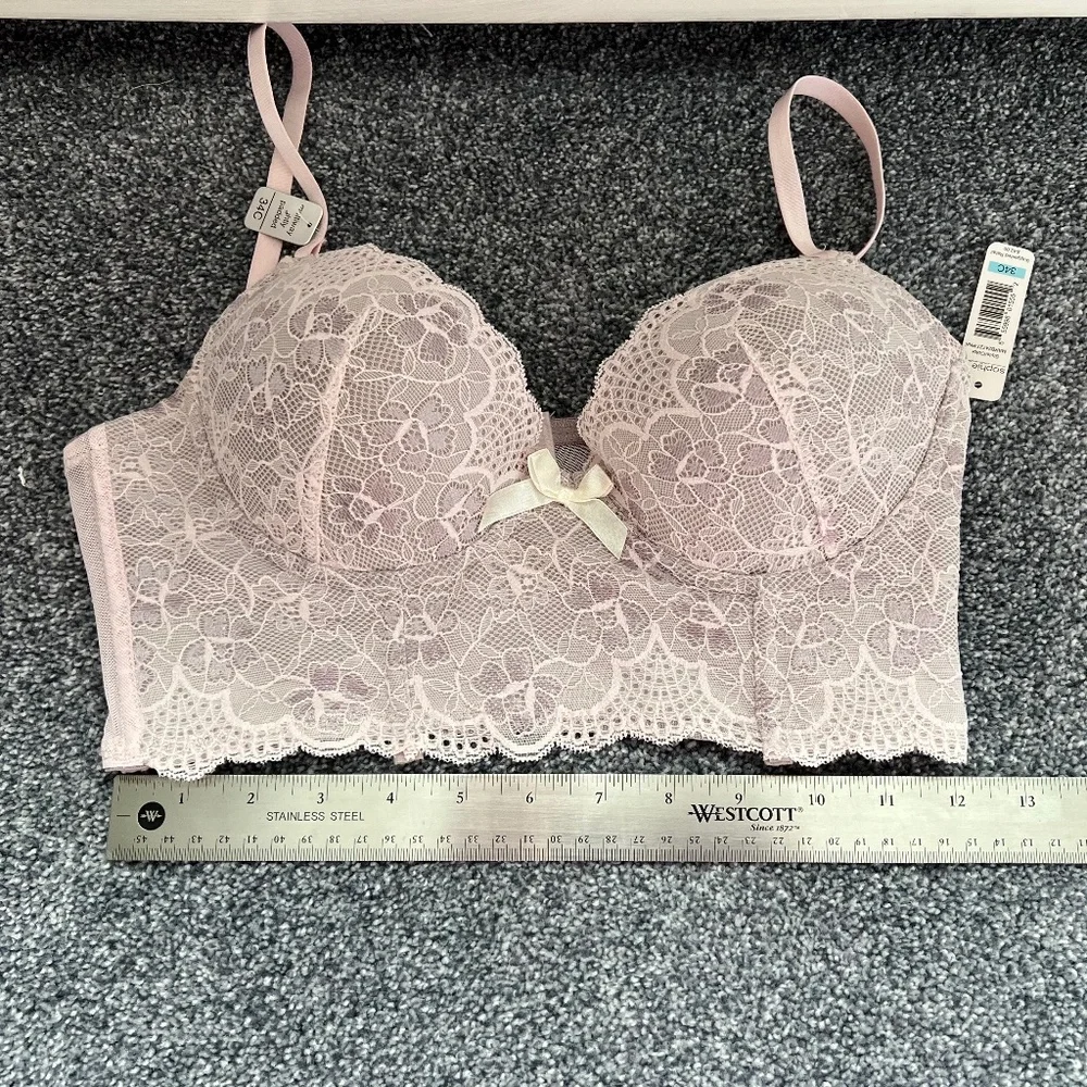 ***Final Drop*** NWT Sophie B Pink Lace over Gray Longline Bra 34C - Picture 6 of 13